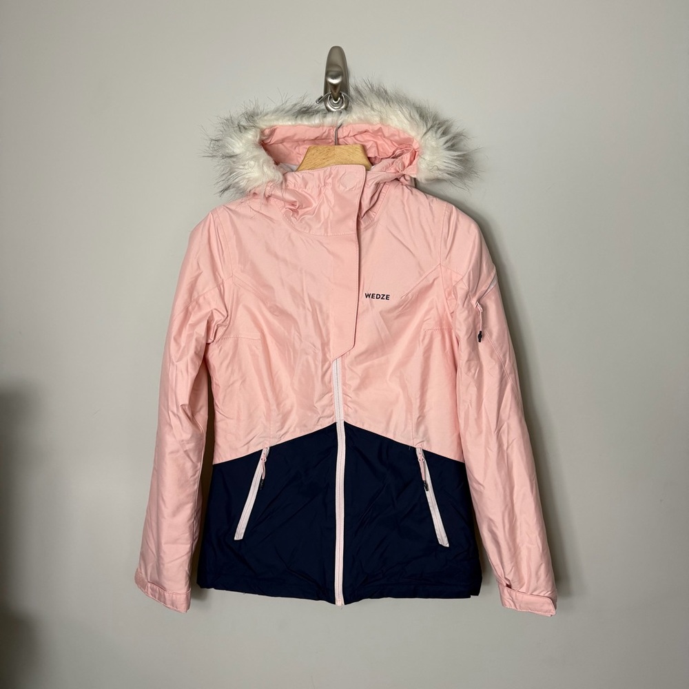 Wedze Women’s Ski Jacket Hooded Winter Coat Pink Blue Faux Fur Trim Hood XXS